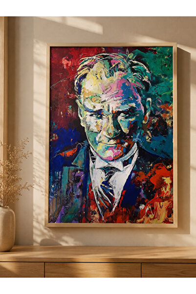 bestablo Mustafa Kemal Atatürk Portret de artă modernă, tablou din lemn înrăm...