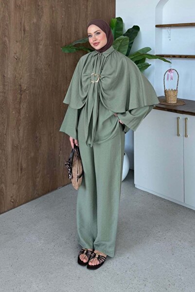 Hazamoda Betül Linen Cape 3-Piece Set Khaki