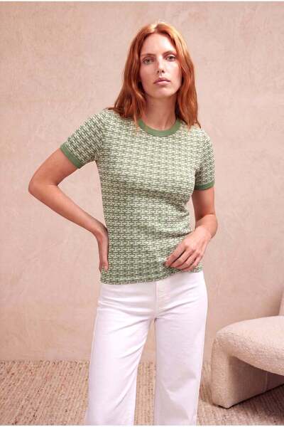 WESTMARK LONDON Women's Green Patterned Cotton Knitted Crew Neck Short Sleeve...