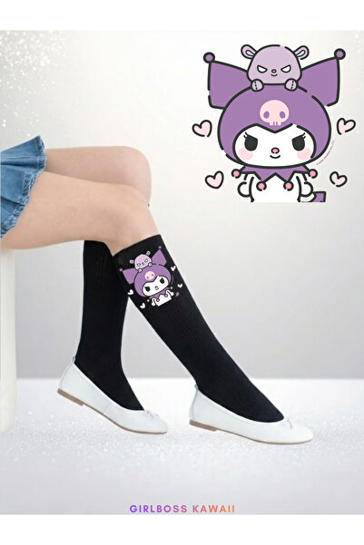 Girlboss Kawaii جوارب كورومي القطنية السوداء بطول الركبة