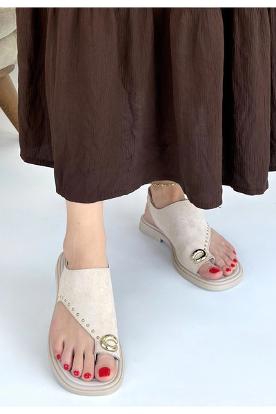 Generic Brand Herşertrend Oliwa Beige Suede Flip-Flop Sandals
