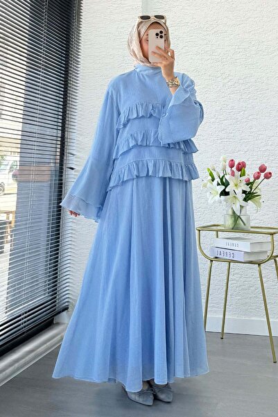 MELEK ARAZ Premium Ruffle Detailed Siena Muslin Skirt Set - Blue