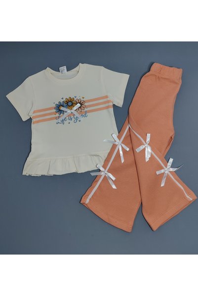 Beray Bebe Daisy Printed Ruffle T-Shirt and Waffle Fabric Side Bow Pants Girls' Set 2-6 Years