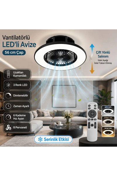 Elektroyou Vega Yeni Premium Serisi Vantilatörlü Ledli Avize Uzaktan Kumandal...