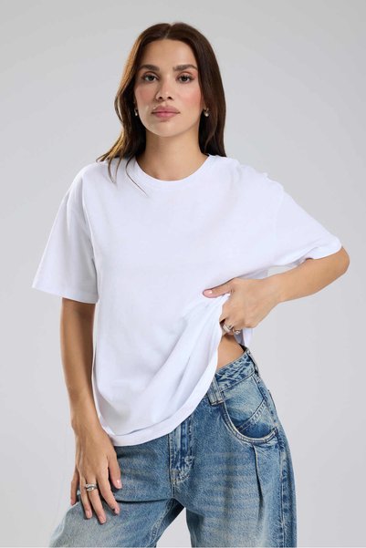 tw3 Kadın Oversıze Örme Kumaş Basıc T-Shirt