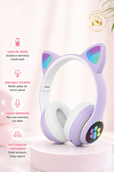 Solistech Kablosuz Bluetooth Led Işıklı Çocuk Kedi Kulaklık Şık Mikrofonlu Hafıza Kart Destekli Şarj Ve Aux Kablo Hediyeli