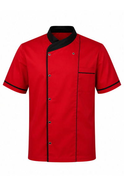 LOOKMT MODA Unisex Red and Black Chef Jacket with Pockets and Snap Fasteners