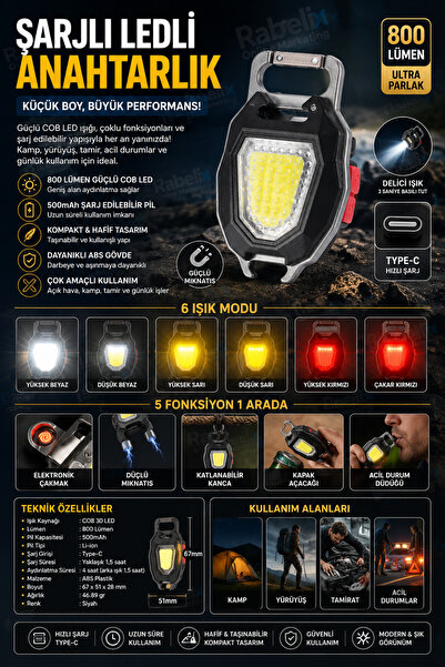 Rabelix Online Marketing Şarjlı COB LED Anahtarlık Fener 800 Lümen Type-C Şar...