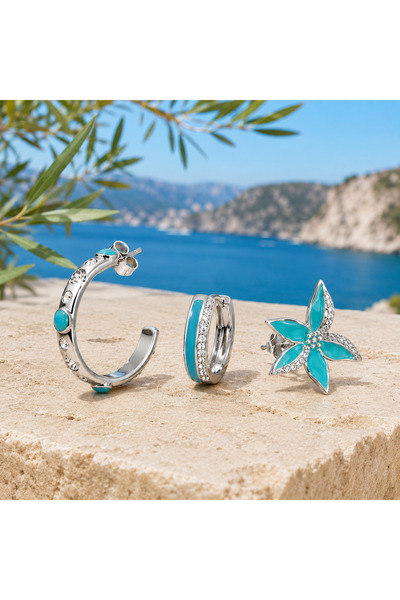 Shinestar atelier Turkuaz Taş Detaylı Gümüş Çelik Kadın Küpe Seti | Mare Serisi