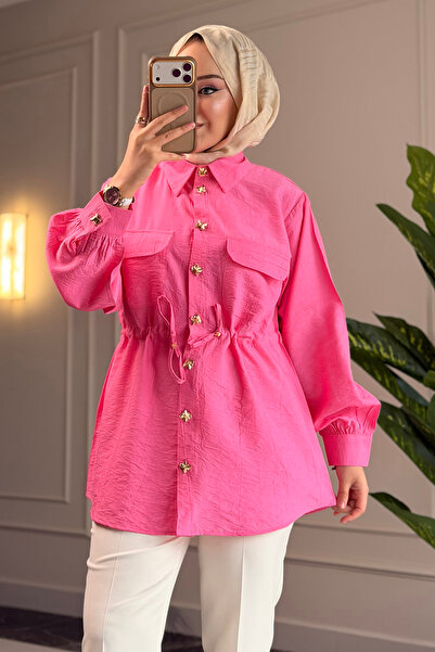 Suede Style 9102 - قميص نسائي منسوج أنيق ومريح مع أزرار وتفاصيل ربط عند الخصر