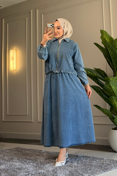 Suede Style 9127 - طقم قميص نسائي أنيق ومريح بتفاصيل سحاب كامل وتنورة من الدنيم