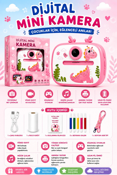 Vothoon Dinozor Tasarımlı Anında Baskılı Çocuk Fotoğraf Makinesi 1080P Dijita...