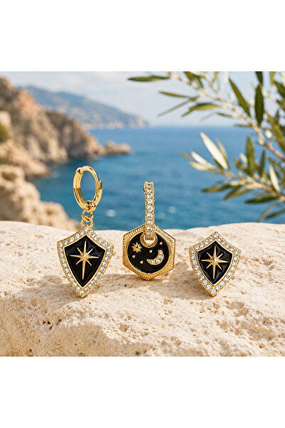 Shinestar atelier Siyah Mineli Yıldız Ay Detaylı Gold Gümüş Çelik Kadın Küpe ...