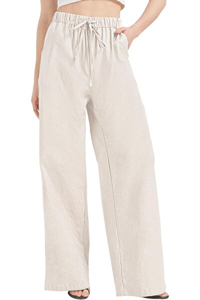 OEM Zylioo Pantaloni Dama De Vară Lungi, Croi Wide Leg, Din Bumbac In, Bej, XL