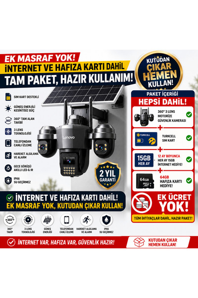 LENOVO 360° 15MP - Solar Panelli Kamera - AOV Sürekli Kayıt, 7/24 Güvenlik