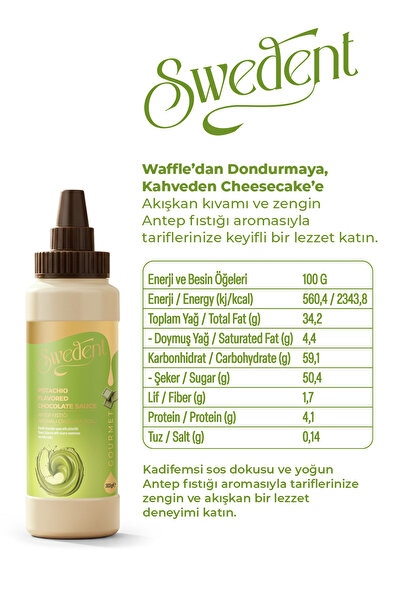 Swedent Gurme Serisi Antep Fıstığı Aromalı Çikolata Sos Gerçek Antep Fıstığı Tadında Zengin ve Akışkan Kıvam