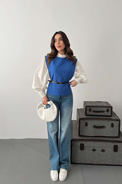 Caddebostan Moda Belted Quilted Vest and Balloon Sleeve Shirt Two-Piece Combi...