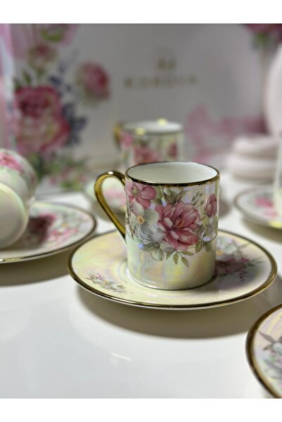 Kosova Sparkling Pink Rose Patterned Turkish Coffee Cup Set for 6 People