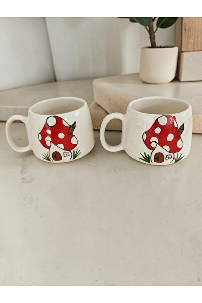 sihirli kutular İki Adet Mantar Ev Detaylı El Yapımı Seramik Kupa/Mug