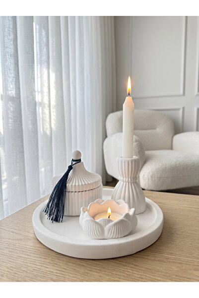 LALEZEN HOME Püsküllü Kapaklı Kutu Şamdan mumluk gül mumluk yuvarlak tepsi set