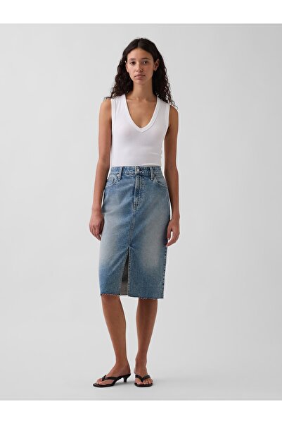 GAP Kadın Mavi High Rise Denim Midi Kalem Etek
