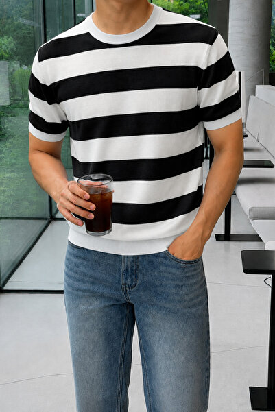 Tarz Cool Men's Striped Knitwear T-Shirt, Crew Neck, Slim Fit, Summer Thin Te...