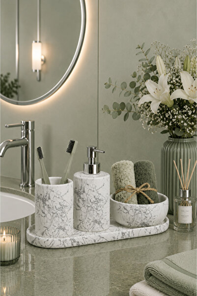 betonmall 4 Piece Marble Patterned Concrete Bathroom Accessory Set |   Liquid...