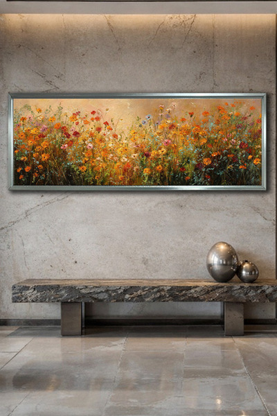 Meteor Galeri Meteor Gallery Art Yağlıboya Dokulu Renkli Kır Çiçekleri Çerçev...