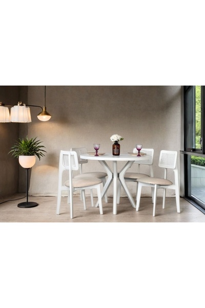Vivense SARTE BEYAZ AHŞAP YUVARLAK MASA SANDALYE TAKIMI 100X100