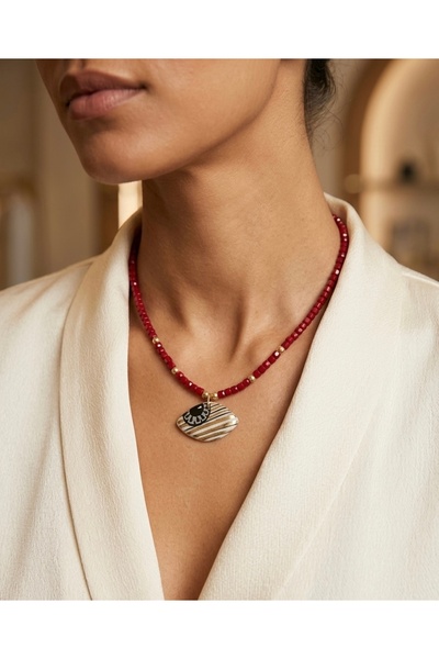 Hello Neo Jewelry El Yapımı Seramik Göz Kolye Ucu Ve Bordo Kristal Boncuklu K...
