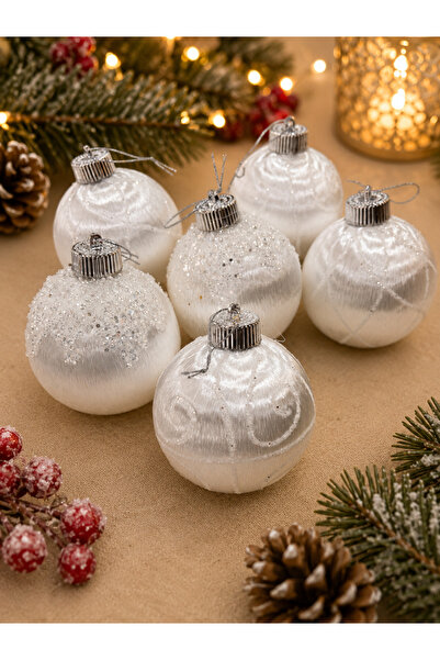 PARTİPORT Set de 6 ornamente pentru brad de Crăciun din țesătură albă, 10 cm,...