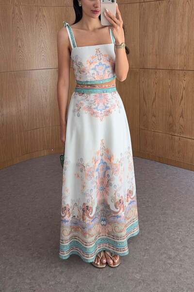 BRTC design Women's Mint Green Tie-Detail Crop Blouse Skirt Patterned Set