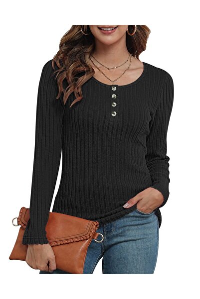 OEM Women's Slim Knit Long Sleeve Henley Button Top Casual Sweater – Black S