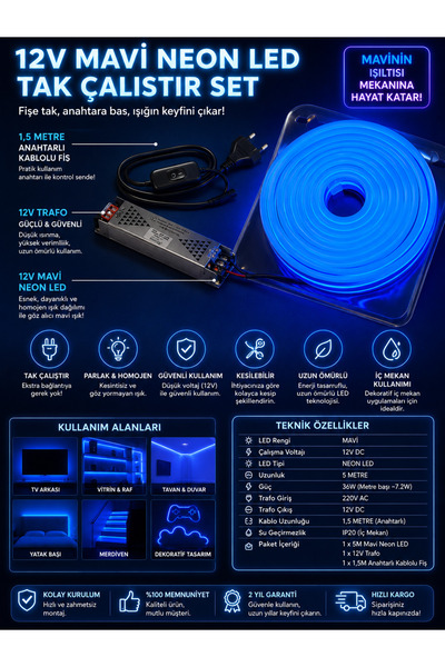 ECONA 5MT Mavi Neon Led Seti 12 V Şerit Led Trafolu Tak Fişe Calistir,Dekorat...