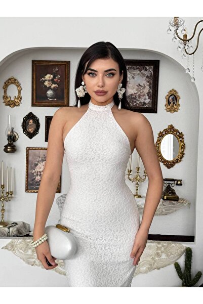 YURELİ Dantel Halter Yaka Uzun Abiye Elbise