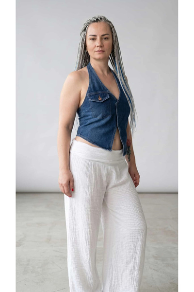 by emelika Sırt Dekolteli, Boyundan Geçirmeli, Denim Yazlık Yelek (Mavi)