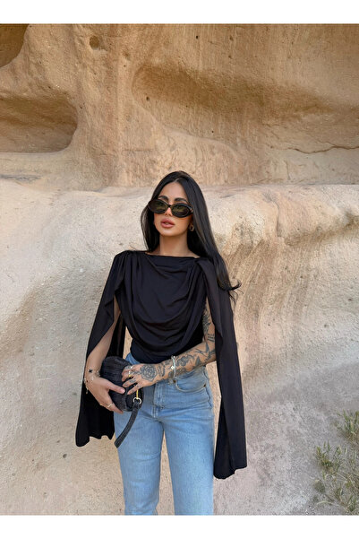 kırmızı butiks Siyah Drapeli Pelerin Bodysuit