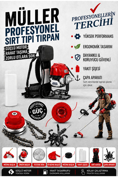 Pro Müller Alman Çelik Piston Quadron-S Benzinli Sırt Tipi Çim Çalı Ot Biçme ...