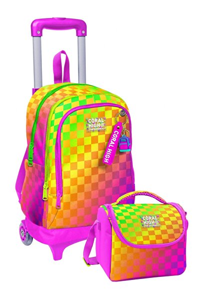 Coral High Primary School Trolley Bag and Lunch Set - Girls - Yellow Purple C...