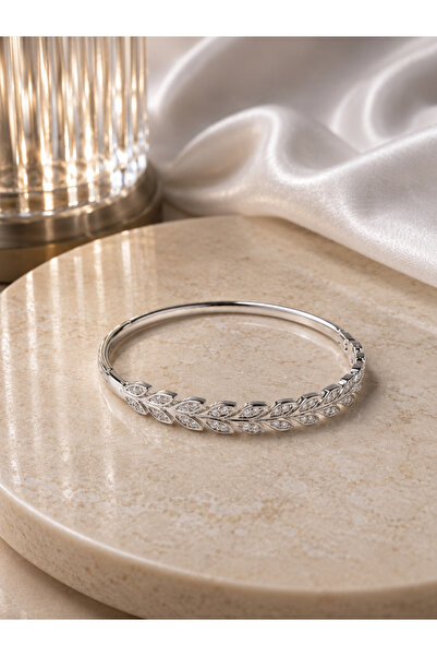 SADEN Nefalys Silver Color Leaf Motif Stone Cuff Bracelet – Elegant Women's B...