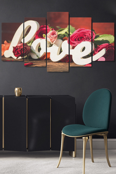 Dekorvia 5 Parçalı Kanvas Tablo Love Yazılı Kırmızı Gül Tasarımlı Duvar Akses...