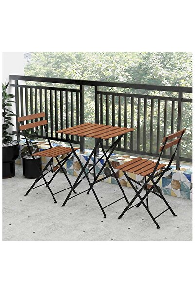 MAVİ TREND Katlanır Metal Ayaklı Ahşap Masa Sandalye Bistro Üçlü Set 60x60x75...