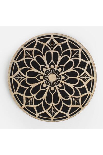OEM Suport Pentru Pahare, Negru, Model Mandala, Lemn, Ø11cm