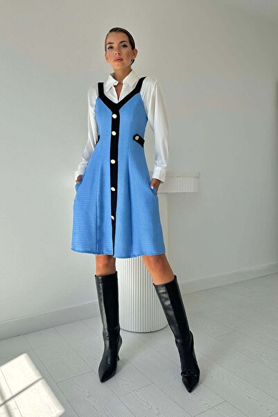 Caddebostan Moda Button Detailed Tweed Strap Dress Stylish Design Midi Dress ...