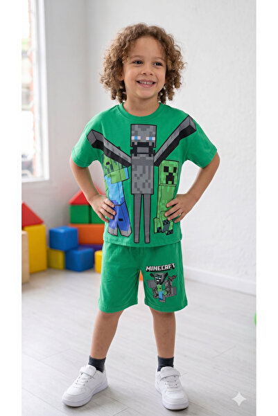 4GEN Erkek Çocuk Minecraft Baskılı Şortlu Takım - Creeper Pamuklu Yazlık Tişö...