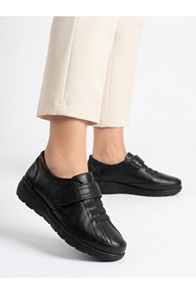 Lütfi Women's Black Genuine Leather Lightweight Orthopedic Sole Casual Shoes
