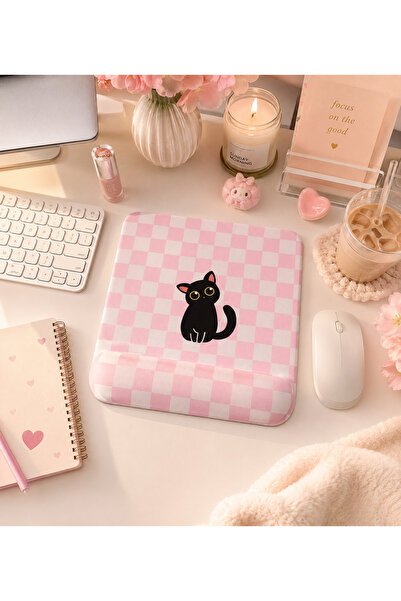matizya Sevimli Siyah Kedi Desenli Bilek Destekli Mousepad 19x23 cm Pembe Kar...