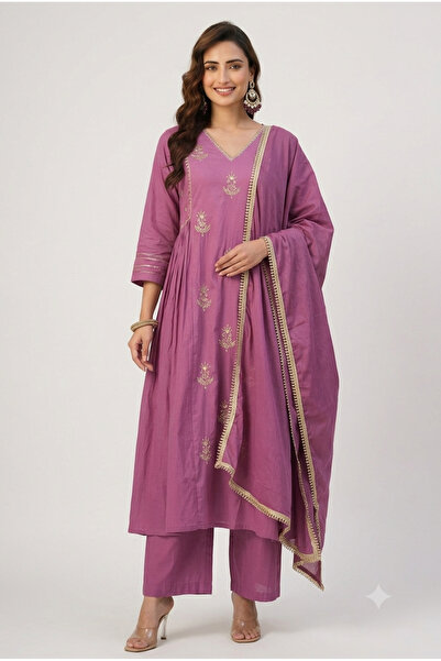 PRIYA'S PANACHE Mul Chanderi Anarkali Kurta Set for Women with Handwork Sequi...