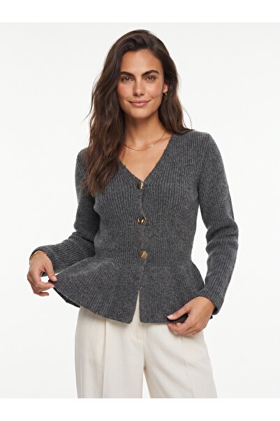 ONLOOX Anthracite Acrylic Blended Waist-Slit Pleated Three-Button V-Neck Knit...