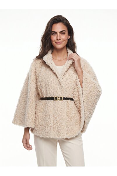 ONLOOX Cream Soft Textured Polyester Fabric Plush Poncho with Waist Belt Detail